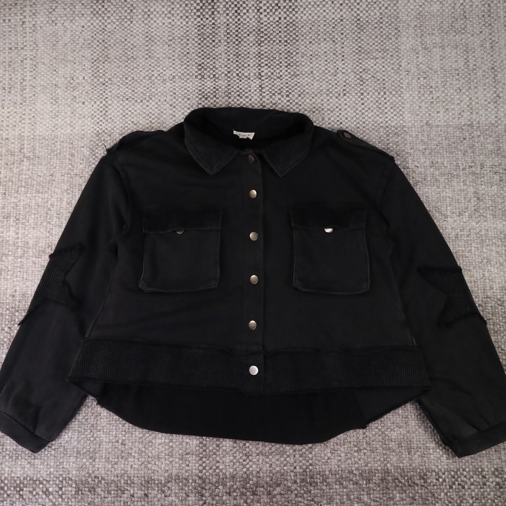 POL Clothing Black Cropped Corduroy Trim Star Patch Shacket FKJ80 Small